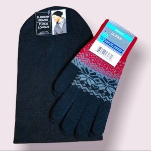 Knit Slouchy Black Beanie Hat w/ Gloves - Men’s